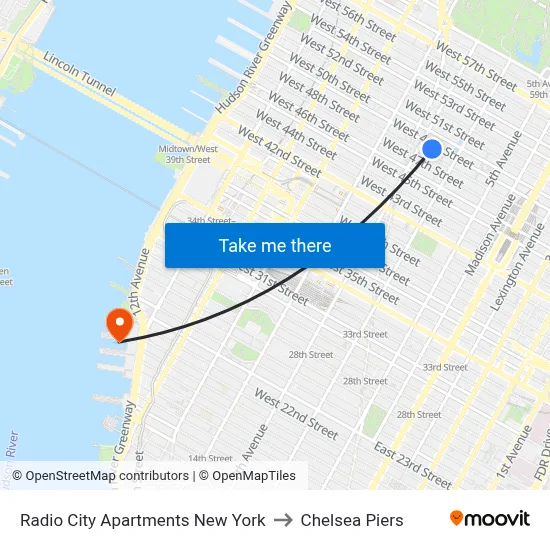 Radio City Apartments New York to Chelsea Piers map