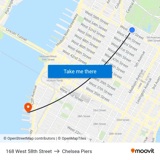 168 West 58th Street to Chelsea Piers map