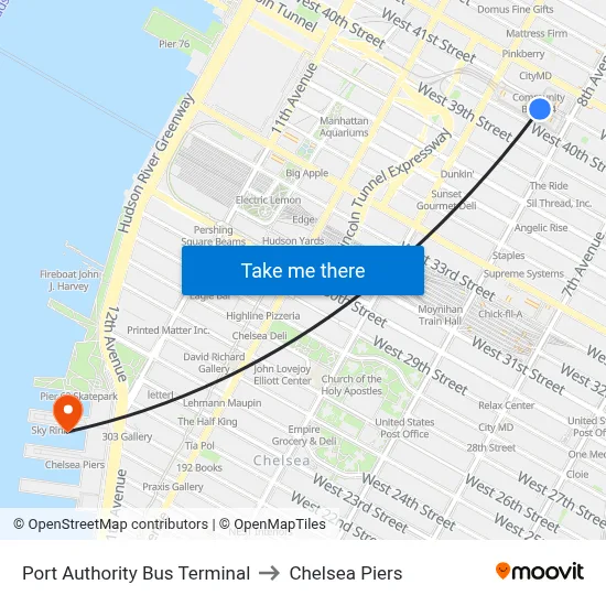 Port Authority Bus Terminal to Chelsea Piers map