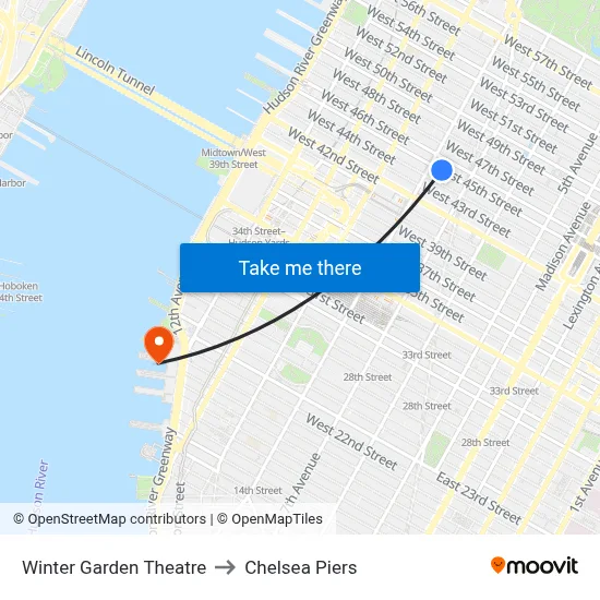 Winter Garden Theatre to Chelsea Piers map