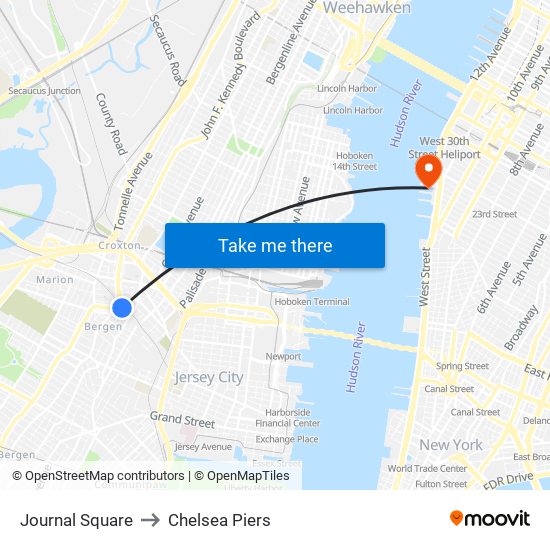 Journal Square to Chelsea Piers map