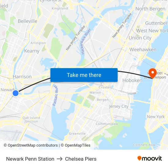 Newark Penn Station to Chelsea Piers map