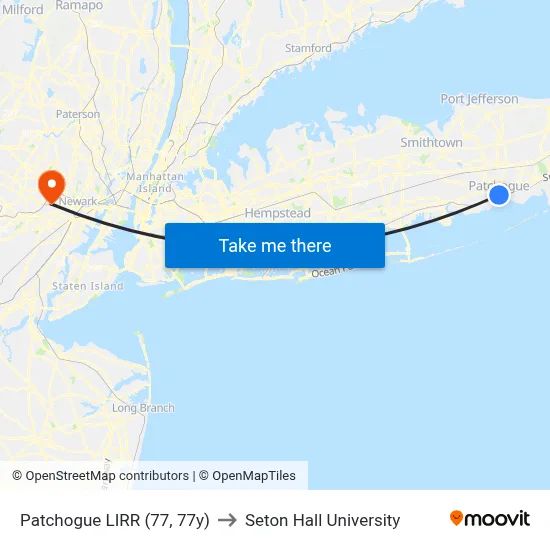 Patchogue LIRR (77, 77y) to Seton Hall University map