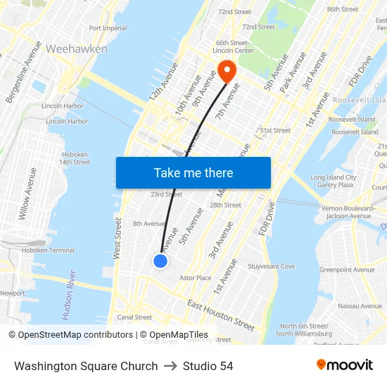 Washington Square Church to Studio 54 map