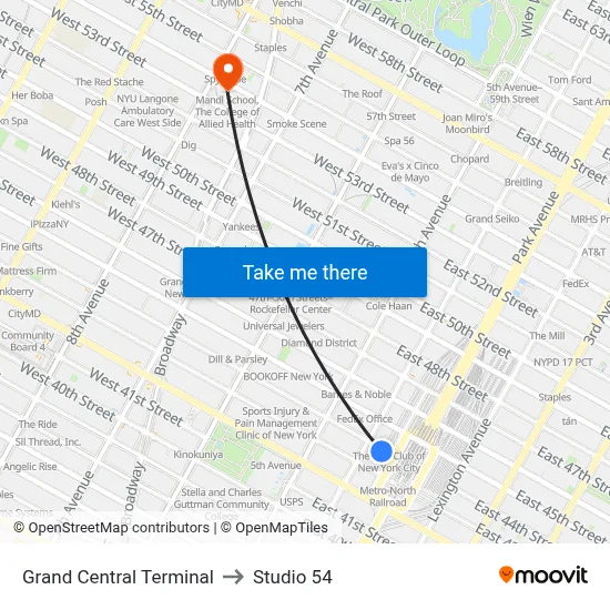 Grand Central Terminal to Studio 54 map