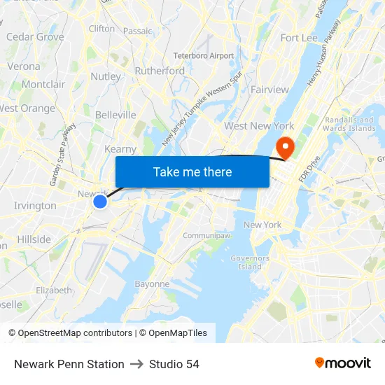 Newark Penn Station to Studio 54 map