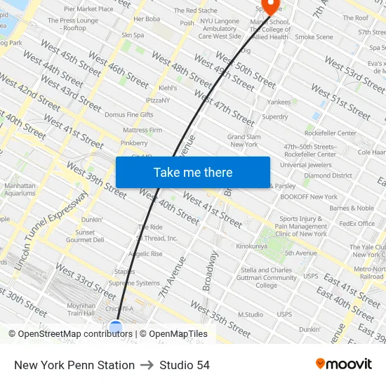 New York Penn Station to Studio 54 map