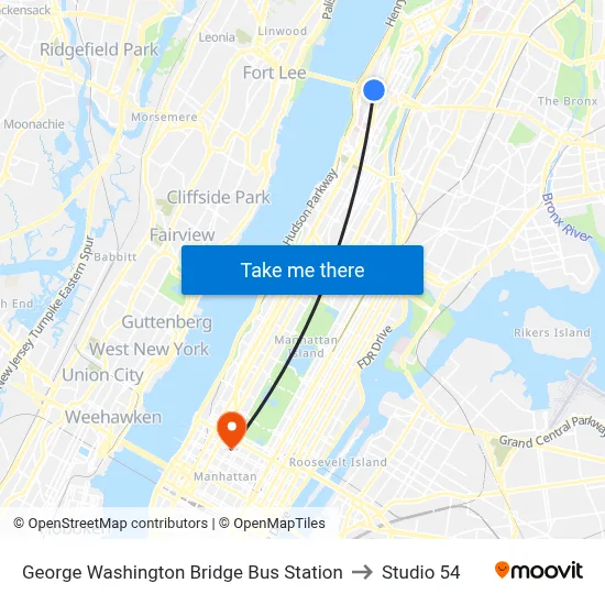 George Washington Bridge Bus Station to Studio 54 map