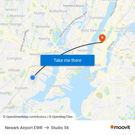 Newark Airport EWR to Studio 54 map