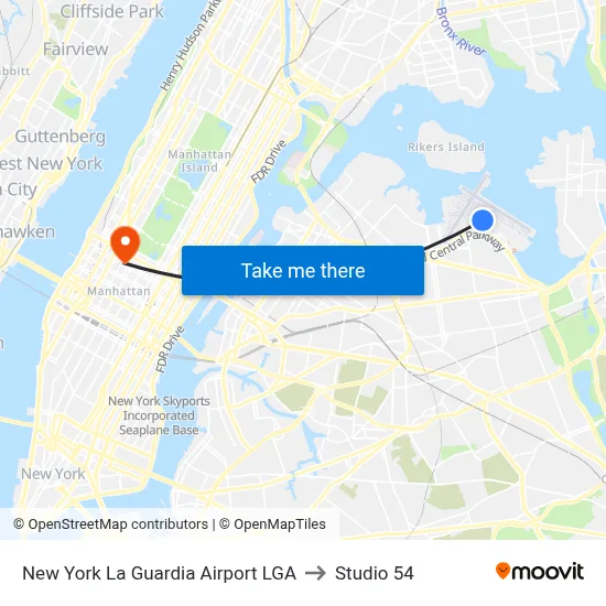New York La Guardia Airport LGA to Studio 54 map