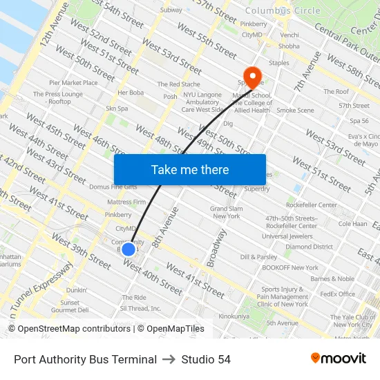 Port Authority Bus Terminal to Studio 54 map