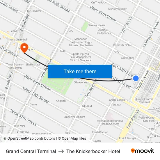 Grand Central Terminal to The Knickerbocker Hotel map