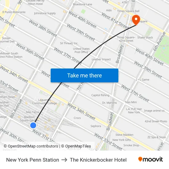 New York Penn Station to The Knickerbocker Hotel map