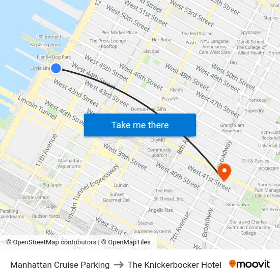 Manhattan Cruise Parking to The Knickerbocker Hotel map