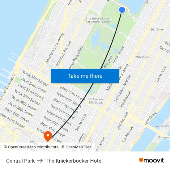 Central Park to The Knickerbocker Hotel map