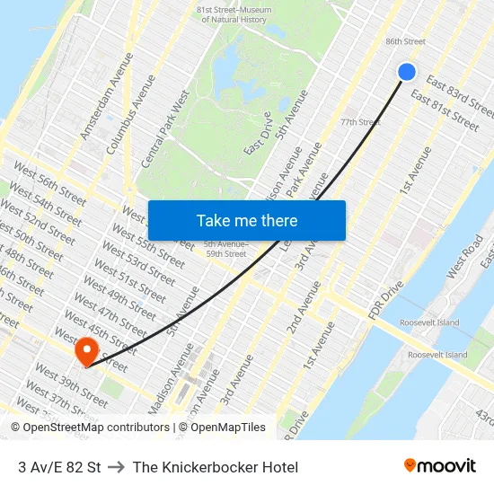 3 Av/E 82 St to The Knickerbocker Hotel map