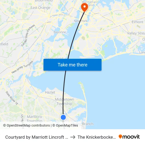Courtyard by Marriott Lincroft Red Bank to The Knickerbocker Hotel map