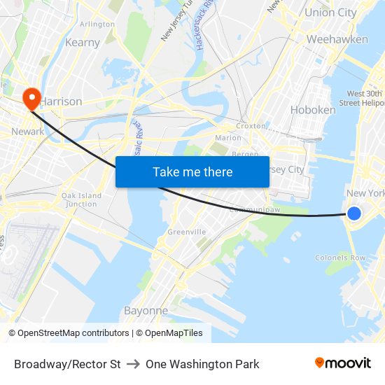 Broadway/Rector St to One Washington Park map