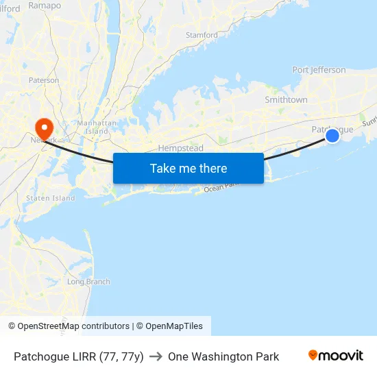 Patchogue LIRR (77, 77y) to One Washington Park map