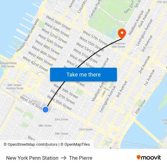 New York Penn Station to The Pierre map