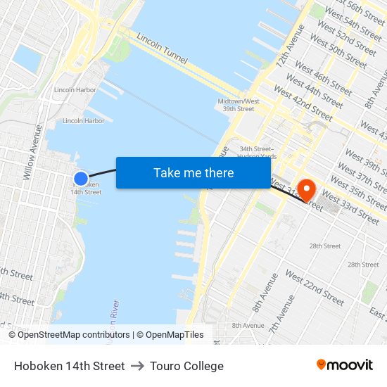 Hoboken 14th Street to Touro College map