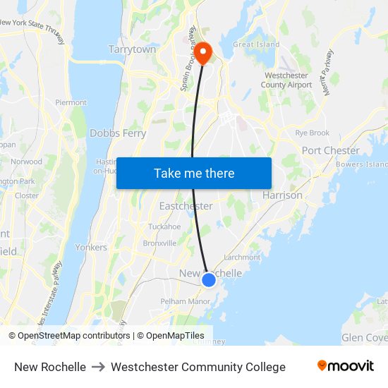 New Rochelle to Westchester Community College map