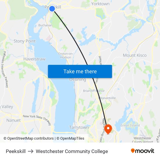 Peekskill to Westchester Community College map