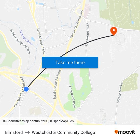 Elmsford to Westchester Community College map