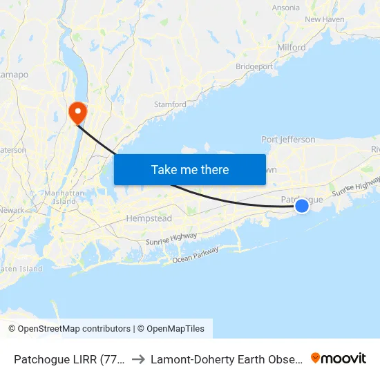 Patchogue LIRR (77, 77y) to Lamont-Doherty Earth Observatory map