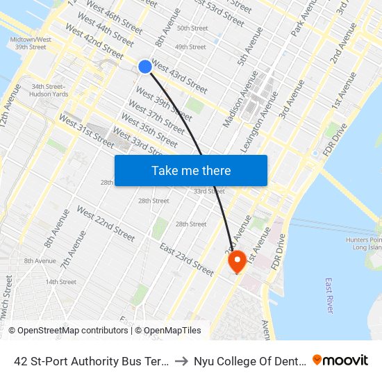 42 St-Port Authority Bus Terminal to Nyu College Of Dentistry map