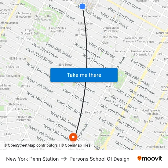 New York Penn Station to Parsons School Of Design map