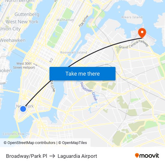 Broadway/Park Pl to Laguardia Airport map