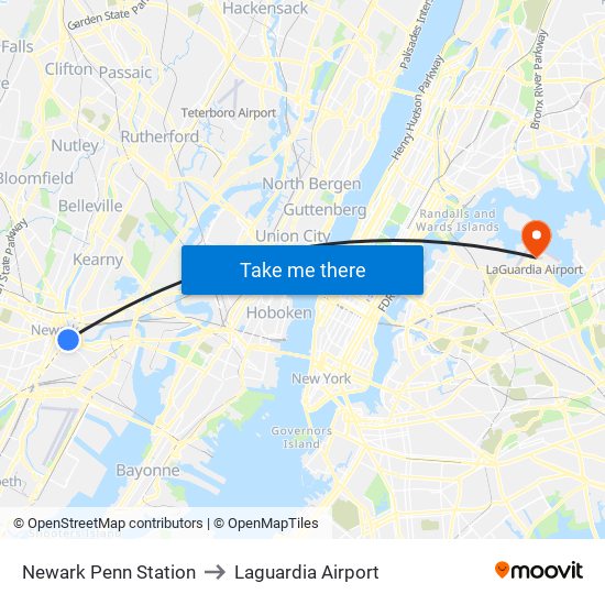 Newark Penn Station to Laguardia Airport map