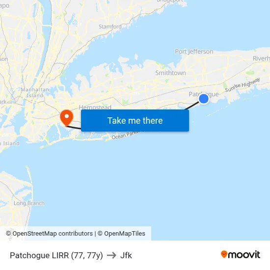 Patchogue LIRR (77, 77y) to Jfk map