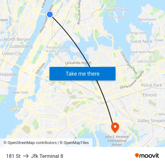 181 St to Jfk Terminal 8 map