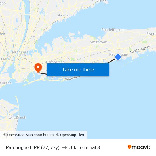 Patchogue LIRR (77, 77y) to Jfk Terminal 8 map