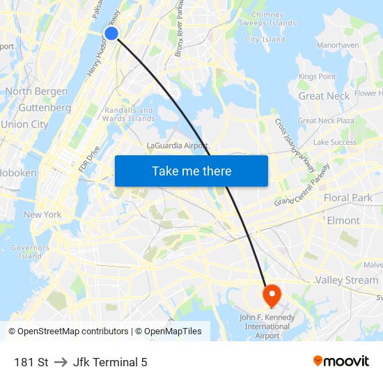 181 St to Jfk Terminal 5 map