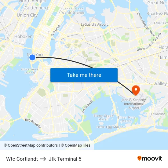 Wtc Cortlandt to Jfk Terminal 5 map
