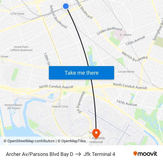 Archer Av/Parsons Blvd Bay D to Jfk Terminal 4 map