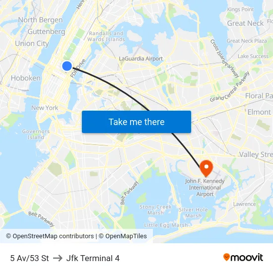 5 Av/53 St to Jfk Terminal 4 map