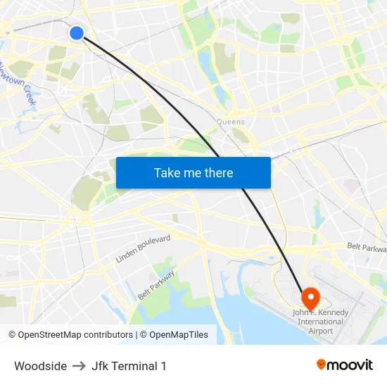 Woodside to Jfk Terminal 1 map