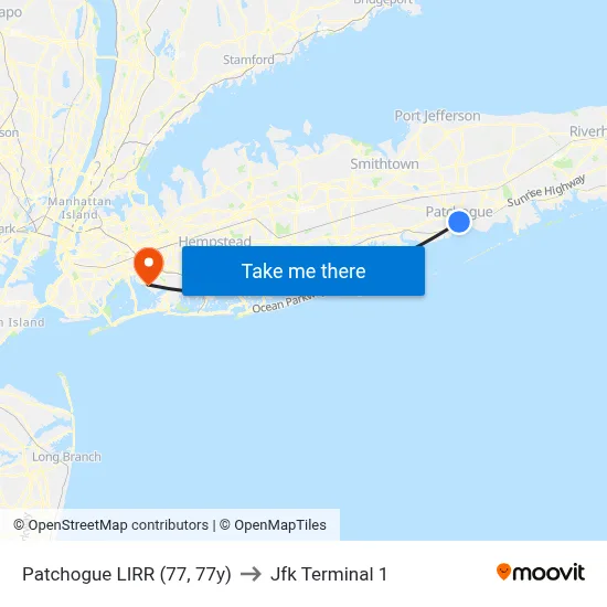 Patchogue LIRR (77, 77y) to Jfk Terminal 1 map