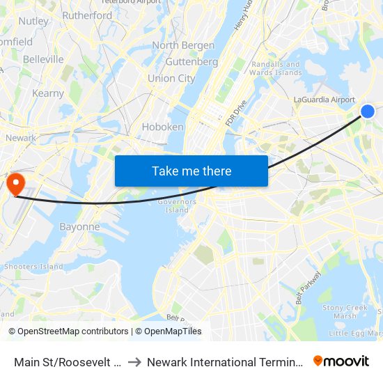 Main St/Roosevelt Av to Newark International Terminal C map