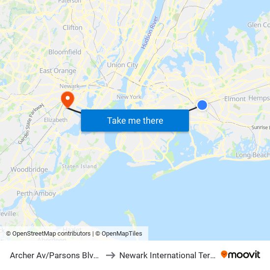 Archer Av/Parsons Blvd Bay D to Newark International Terminal C map