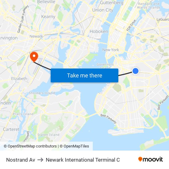 Nostrand Av to Newark International Terminal C map