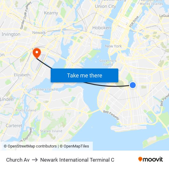 Church Av to Newark International Terminal C map