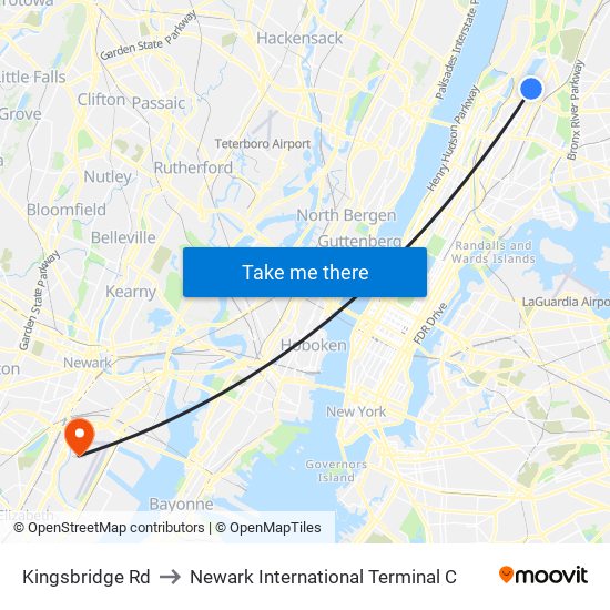 Kingsbridge Rd to Newark International Terminal C map
