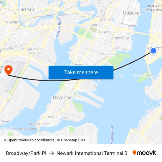 Broadway/Park Pl to Newark International Terminal B map