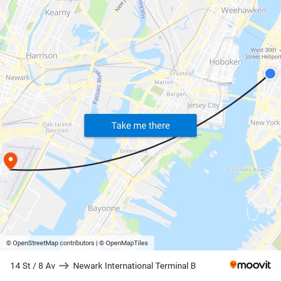 14 St / 8 Av to Newark International Terminal B map