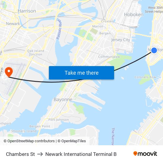 Chambers St to Newark International Terminal B map